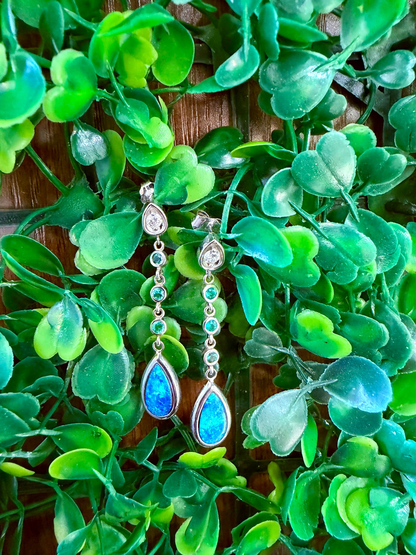 Opal and Emerald Dangle Earrings with Diamond Accents