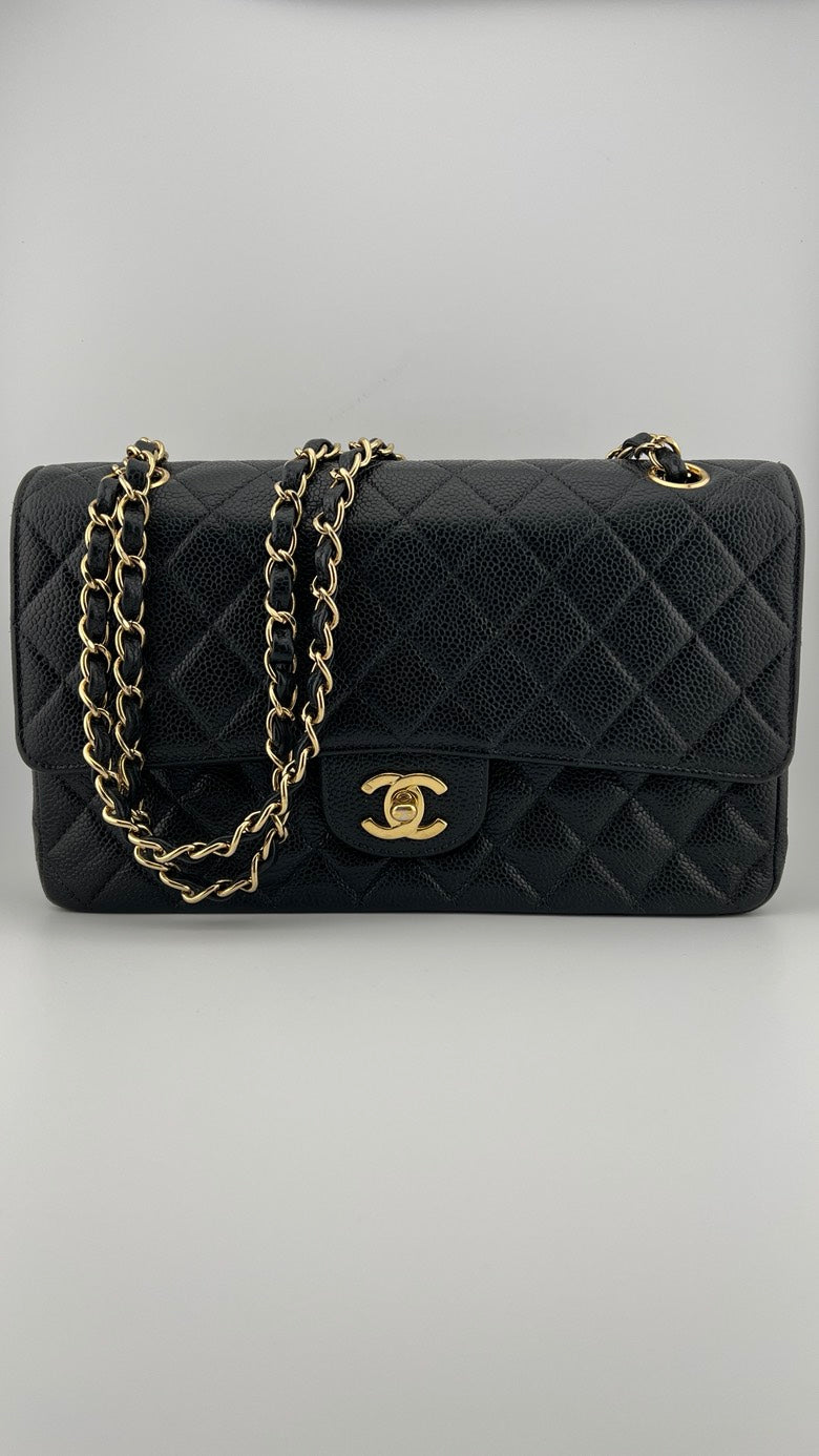 Chanel Vintage Quilted Caviar Classic Double Flap Bag - Black