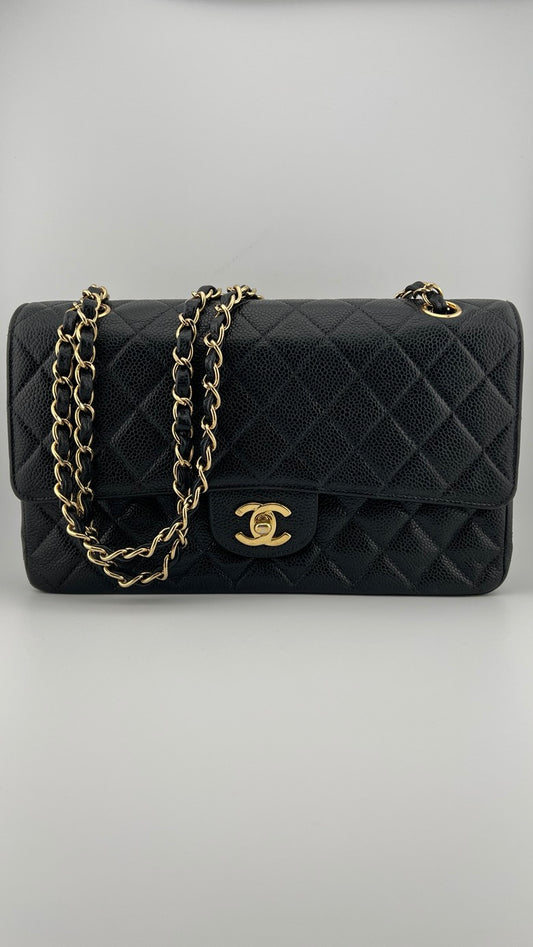 Chanel Vintage Quilted Caviar Classic Double Flap Bag - Black