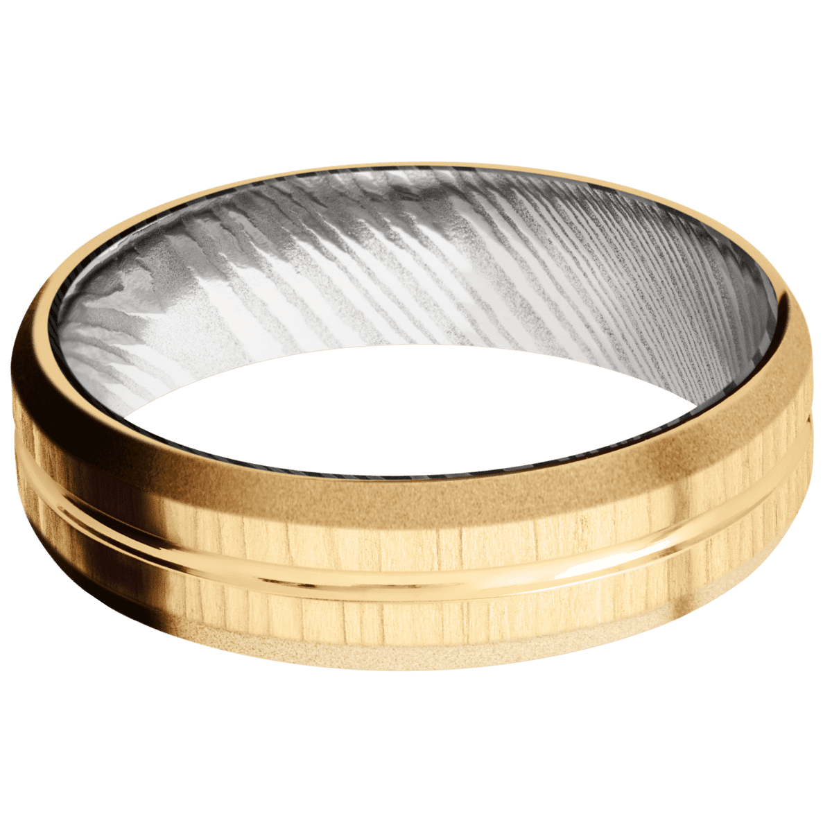 14K Yellow Gold + Polish , Treebark1 Finish + Damascus