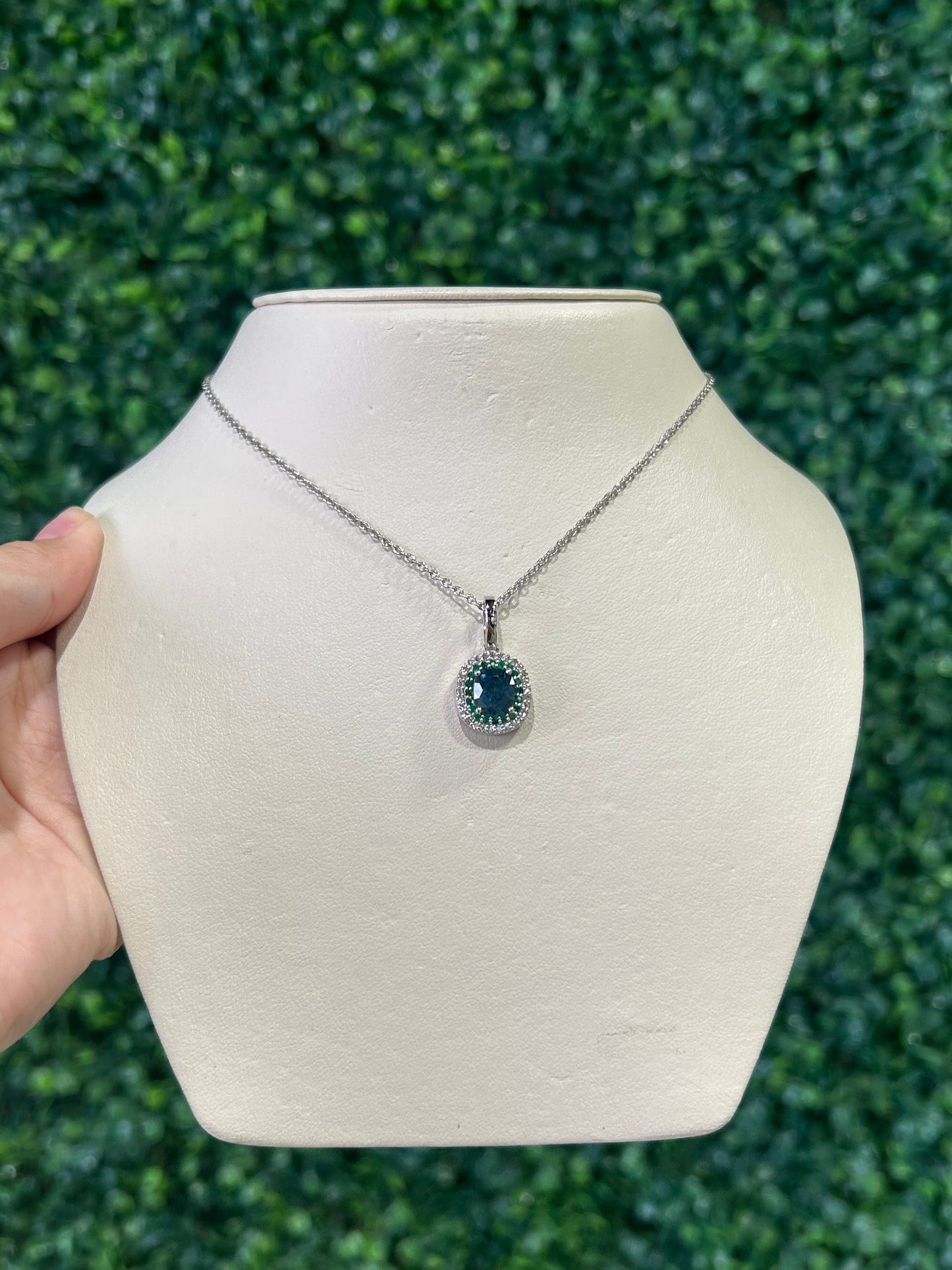 14k White Gold Sapphire Pendant with Diamond and Emerald Halo - The Village Jeweler