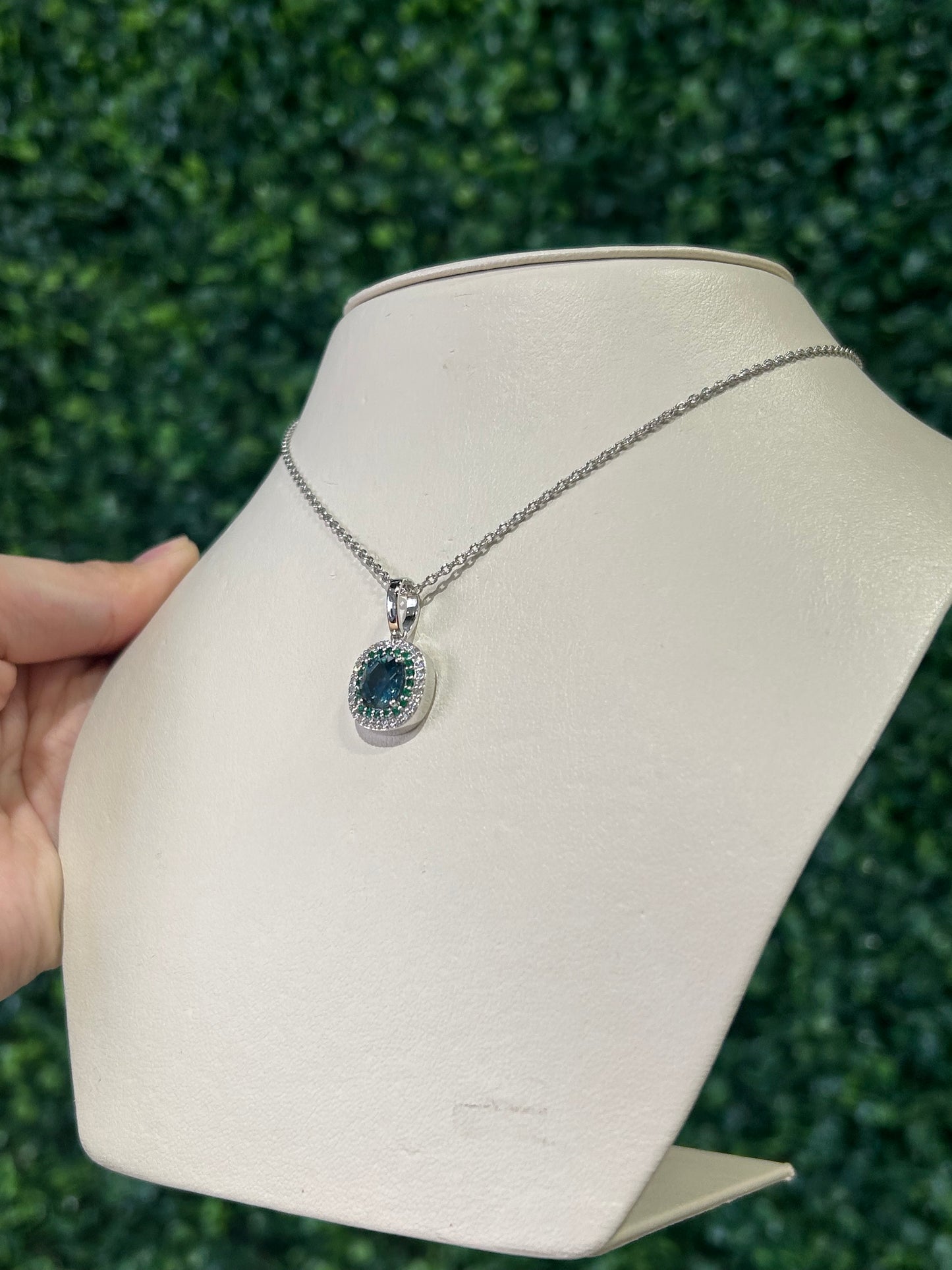 14k White Gold Sapphire Pendant with Diamond and Emerald Halo - The Village Jeweler