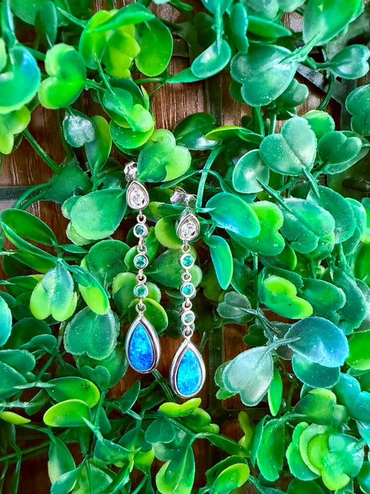 Opal and Emerald Dangle Earrings with Diamond Accents