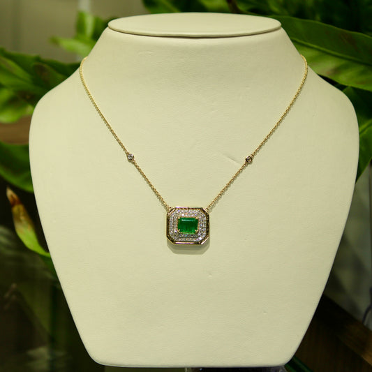 Emerald Necklace with Diamond Halo