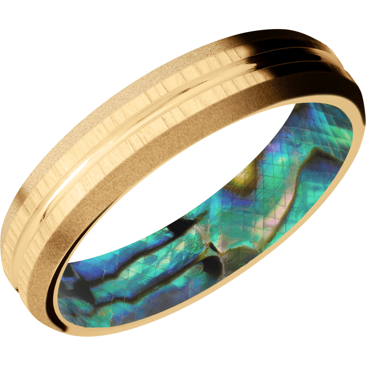 14K Yellow Gold + Polish , Treebark1 Finish + Abalone