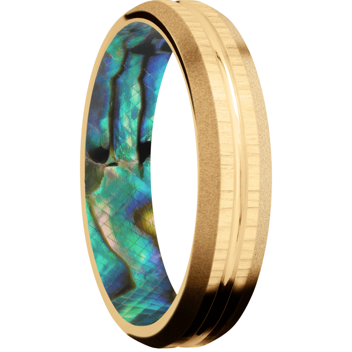 14K Yellow Gold + Polish , Treebark1 Finish + Abalone