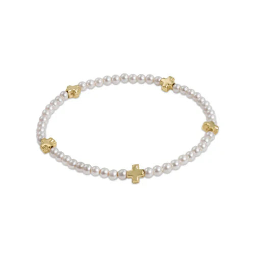 Signature Cross Gold and Pearl Bead Bracelet - Size Options