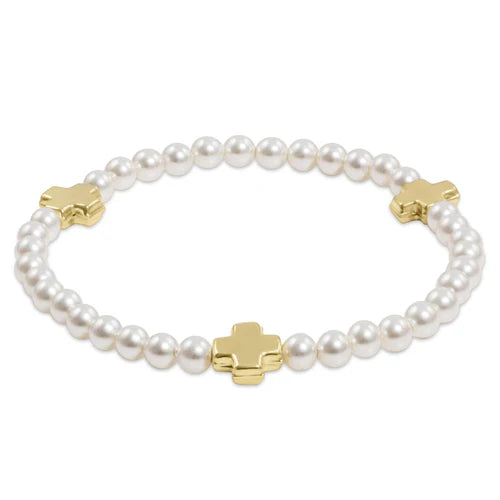 Signature Cross Gold and Pearl Bead Bracelet - Size Options