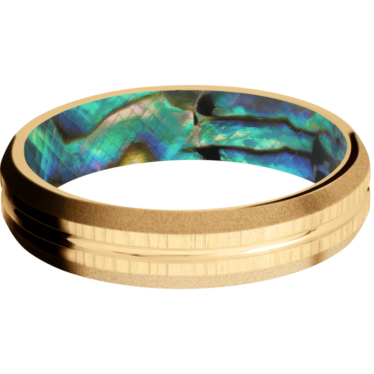 14K Yellow Gold + Polish , Treebark1 Finish + Abalone