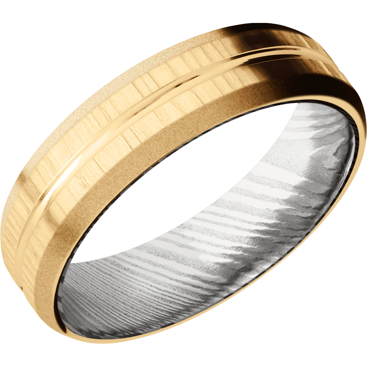 14K Yellow Gold + Polish , Treebark1 Finish + Damascus