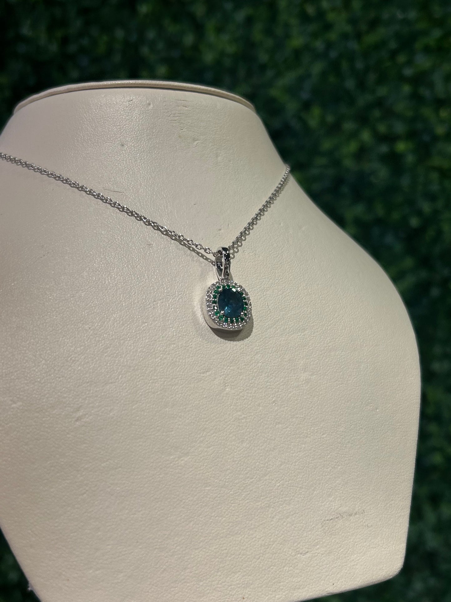 14k White Gold Sapphire Pendant with Diamond and Emerald Halo - The Village Jeweler