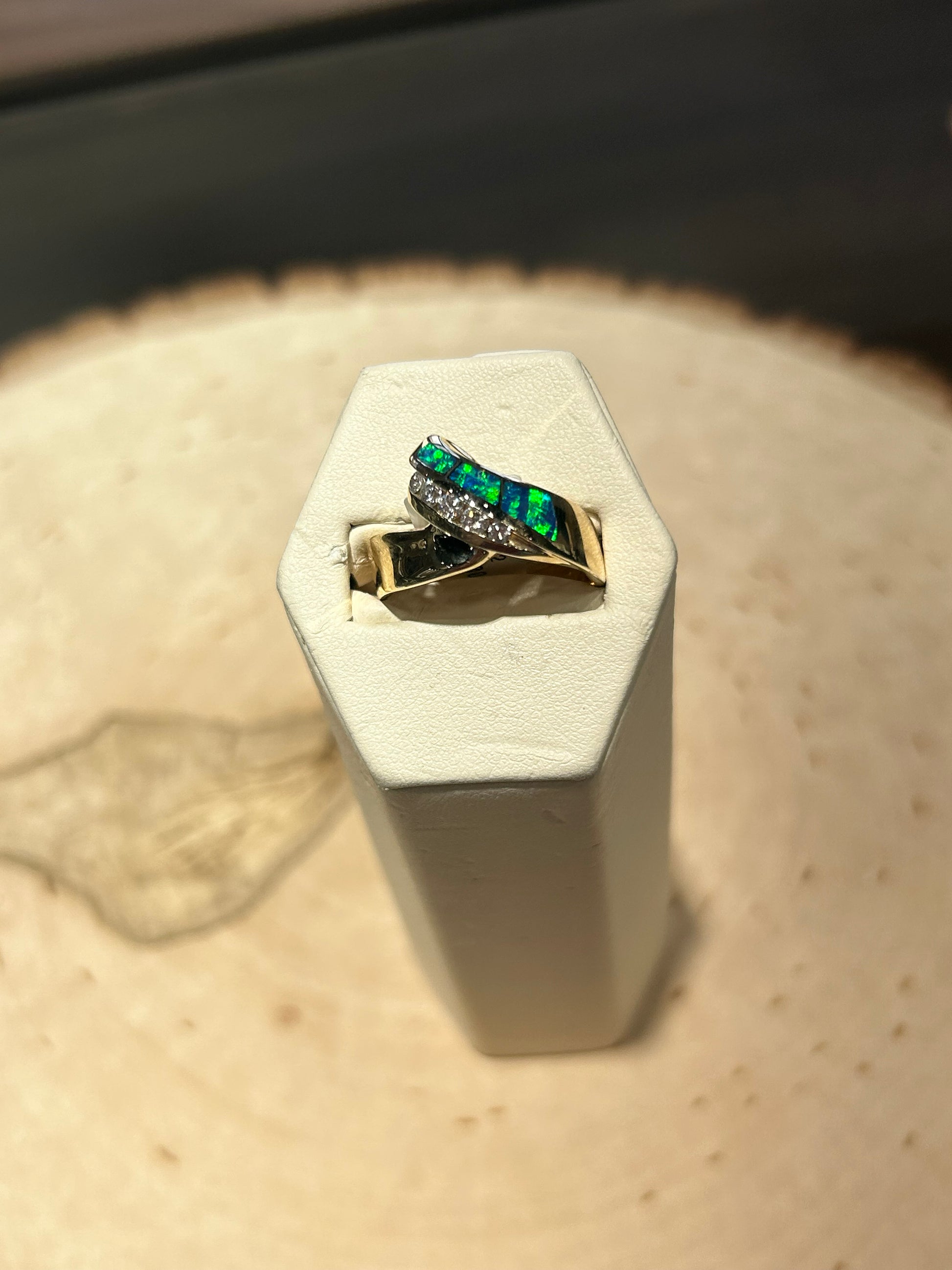 14k Yellow Gold Inlaid Australian Opal and Diamond Ring - The Village Jeweler
